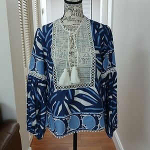 Alexis Tops Alexis‎ Ciela Lace-Bib Long-Sleeve Printed Cotton Top tassel tie